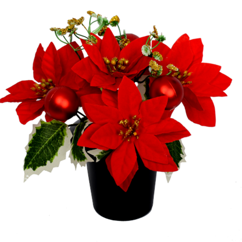 Poinsettia Bauble & Holly  Grave Vase Container - Red