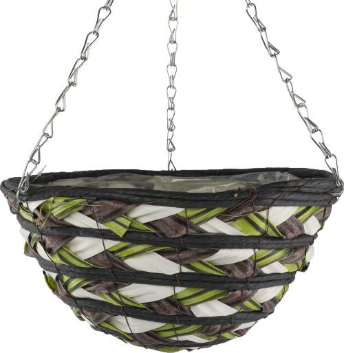 Emie Shan All Weather Hanging Basket 12inch Round - Lined -  Black Brown & Green