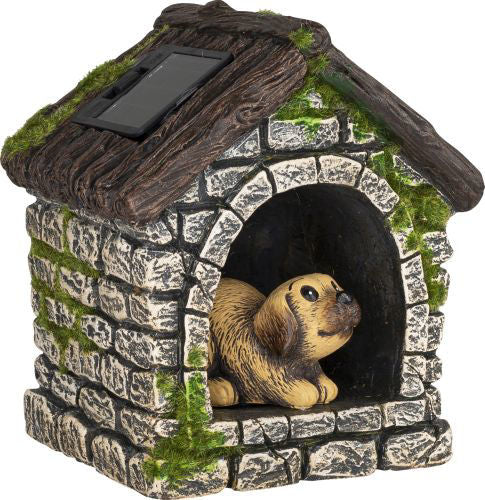 Cement Garden Ornament with Solar Light Dog In Kennel