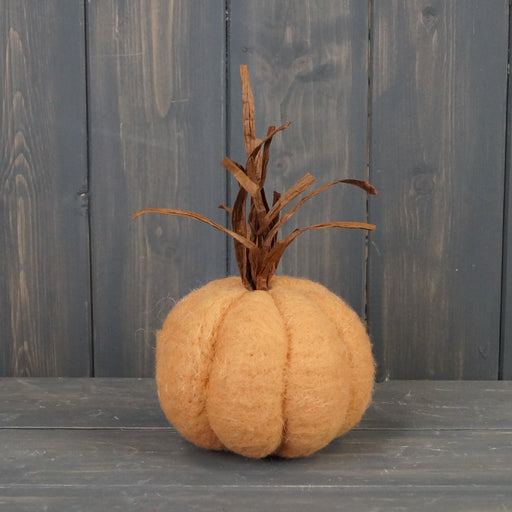 Soft Orange Wool Pumpkin (12cm) with Paper Stems