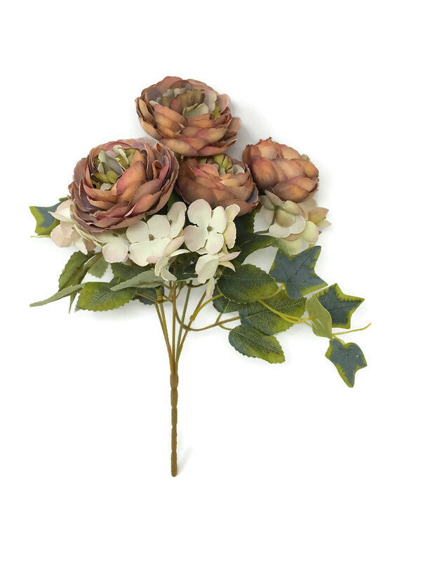 Peony & Hydrangea Bush x 28cm Muted Pink/Brown/Olive — Artificial