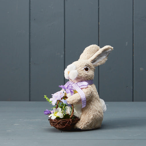 Natural Brown & White Rabbit with Purple Gingham Ribbon and Flower Basket x 18cm