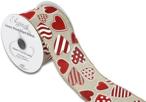 Wired Edge Ribbon Natural 63mm x 9.1m - Patterned Hearts