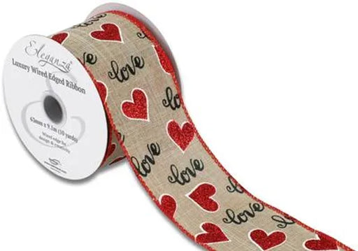 Wired Edge Ribbon Natural 63mm x 9.1m -  Hearts/Love 