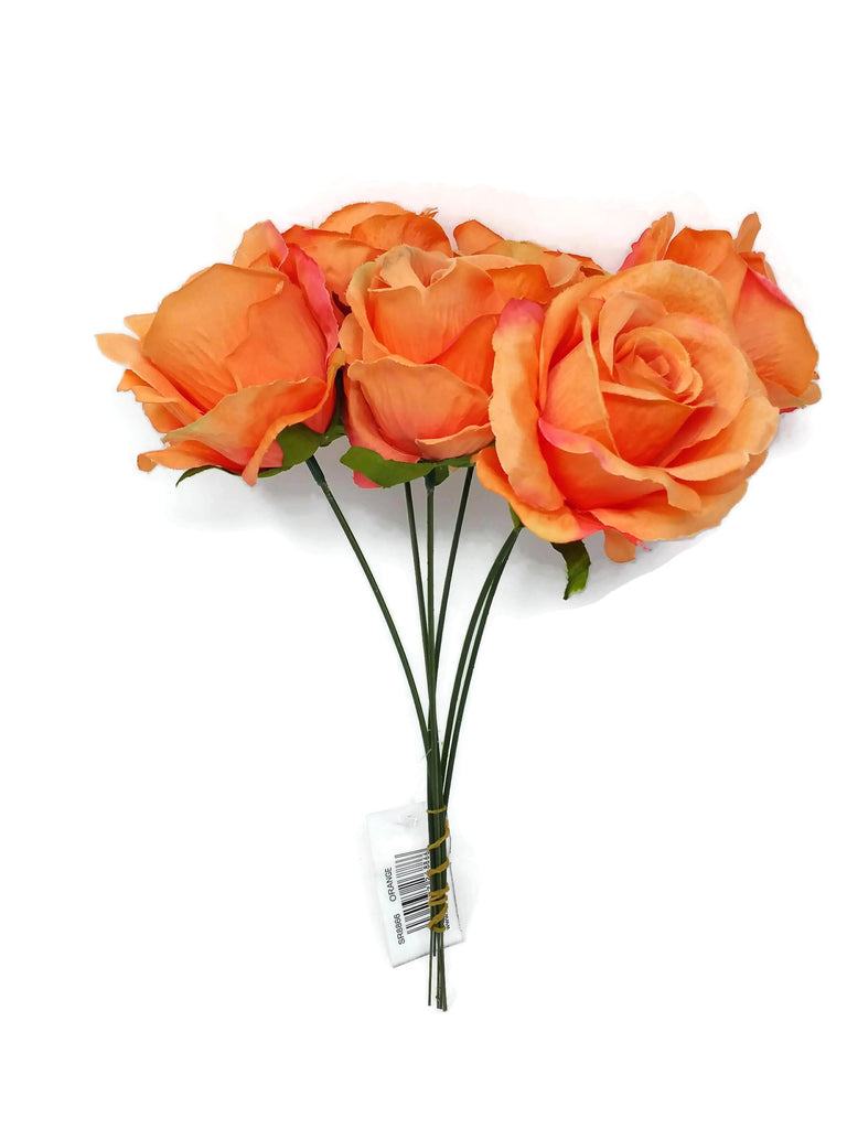 6 Wired Stem Rose Bundle x 27cm Orange — Artificial Floral Supplies