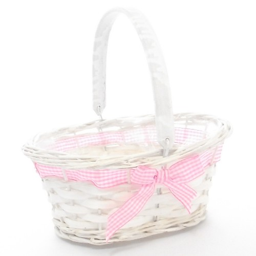 25cm Oval Basket With Gingham Bow Pink/White