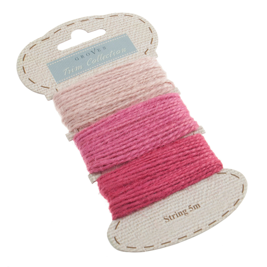 Jute String Card of Three 5m x 3mm Lengths in Shades of Pink — Artificial Floral Supplies