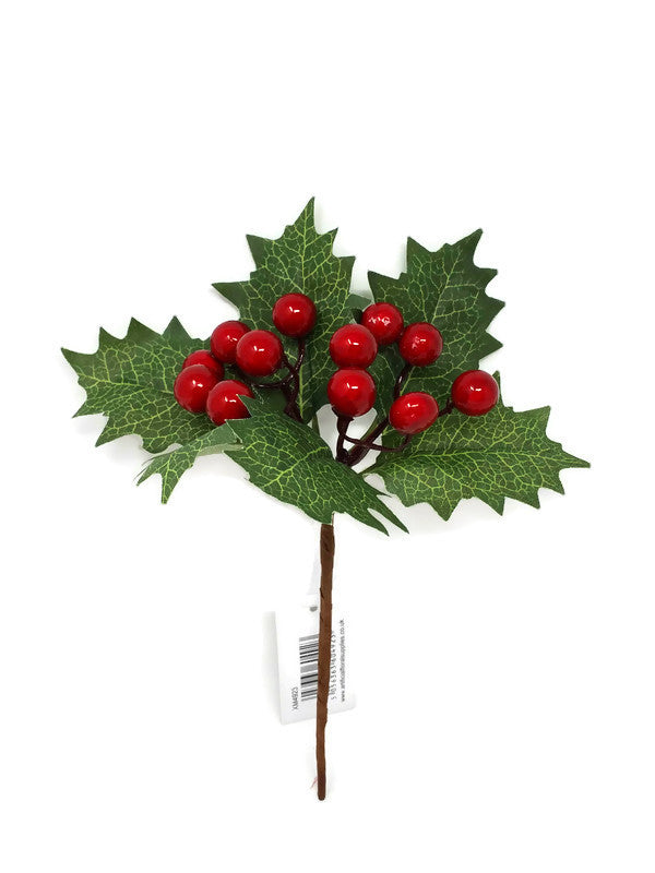 Artificial Holly Berry Branch Spray - Silk & Foam - Wedding & Christmas Decor