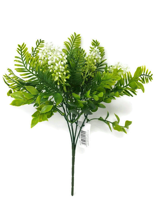 Plastic Mixed Foliage Bush with White Flower Buds x 30cm — Artificial