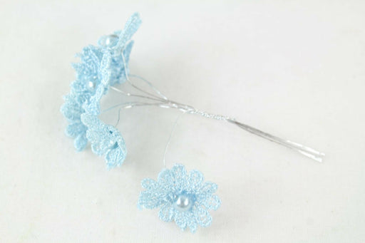 Blue Vintage Lace Pearl Daisy - 6 Wired Stems, 10cm Head size