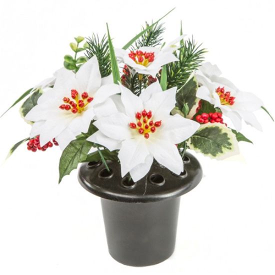 Poinsettia Holly & Pine  Grave Vase Pot - Ivory
