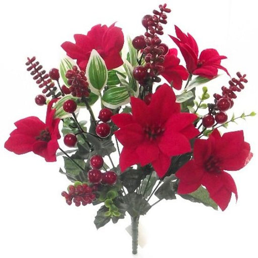 40cm Velvet Poinsettia & Eucalyptus Bush - Red