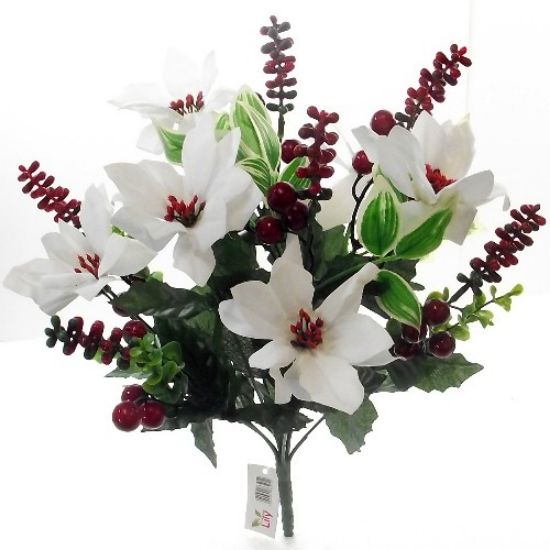 40cm Velvet Poinsettia & Eucalyptus Bush - White