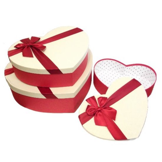 Set of 3 Heart Shaped Flower Boxes with Ribbon -  Red/Ivory