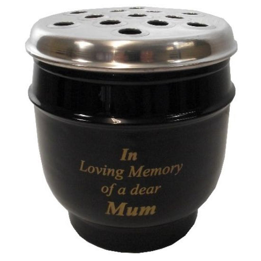 14cm Metal Grave Vase Black  With  Silver Lid - Mum