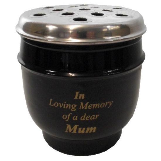 14cm Metal Grave Vase Black  With  Silver Lid - Mum