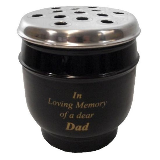 14cm Metal Grave Vase Black  With  Silver Lid - Dad