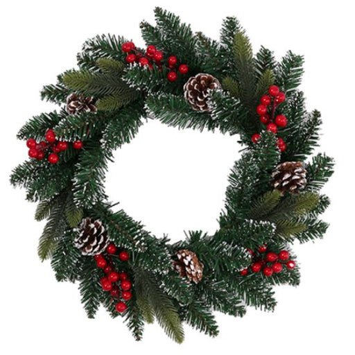45cm Frosted Spruce Pine Wreath with Red Berries & Pinecones