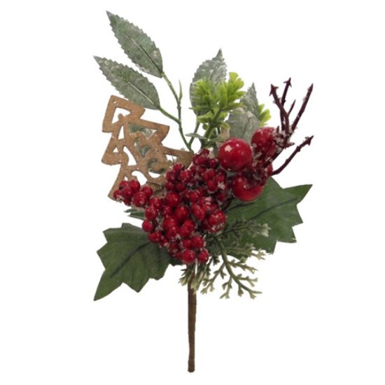 21cm Christmas Pick With Red Berries Foliage & wooden Tree