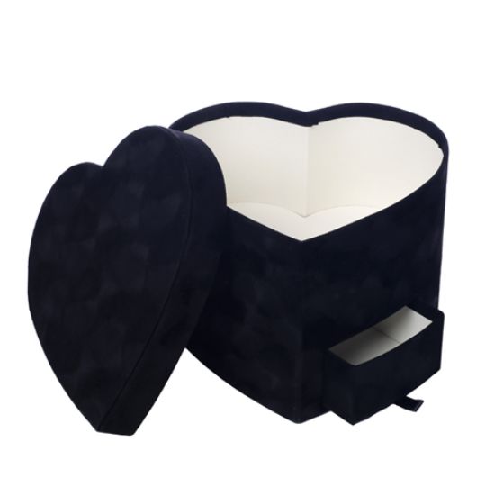 Velvet Touch Heart Shaped Flower Box with Drawer - Black