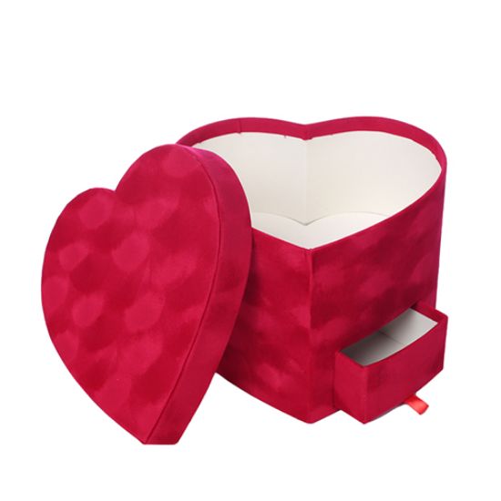 Velvet Touch Heart Shaped Flower Box With Drawer - Red