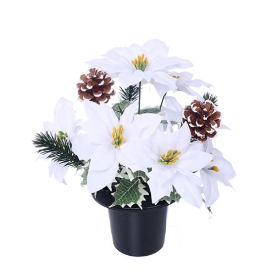 White Poinsettia Holly & Snowy Pine Grave Vase Pot