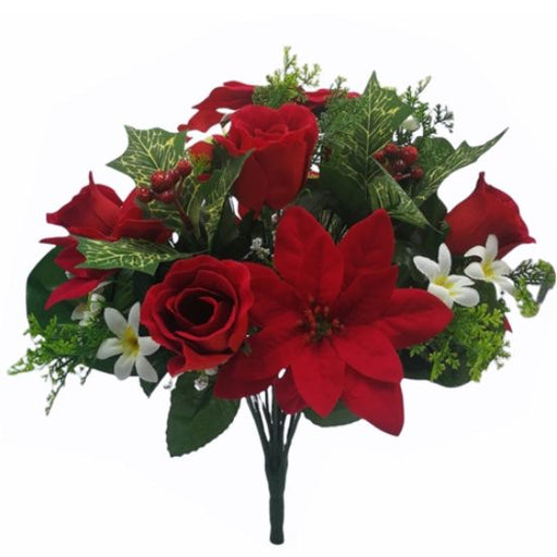 38cm Poinsettia & Holly Bush Red