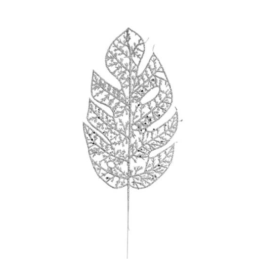 34cm Glittered Leaf Silver x 6