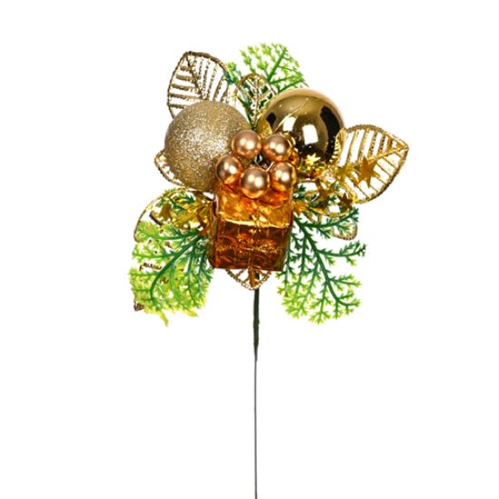23cm Christmas Pick With Bauble & Berries Gold x 12