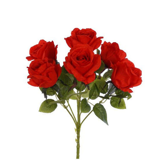 7 Head 40cm Open Rose Bush - Red