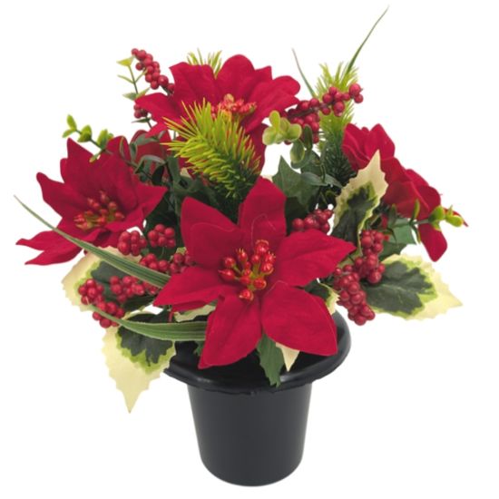Poinsettia Holly & Pine  Grave Vase Pot - Red