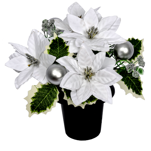 Poinsettia Bauble & Holly  Grave Vase Container  - White