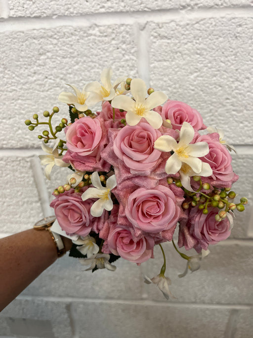 Velvet pink rose bush with blossom 34cm