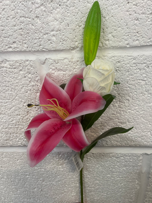 2 Head Lily & Rose Stem x 64cm Tall - Pink & Ivory