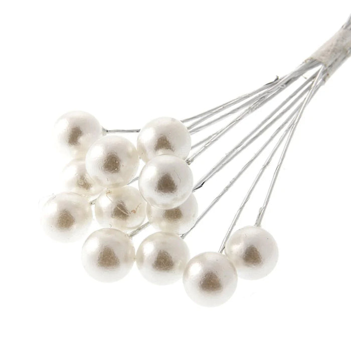 10mm White  Pearls on Wire Stem - 10cm Height 3 bunches x 12 Stems per Bag