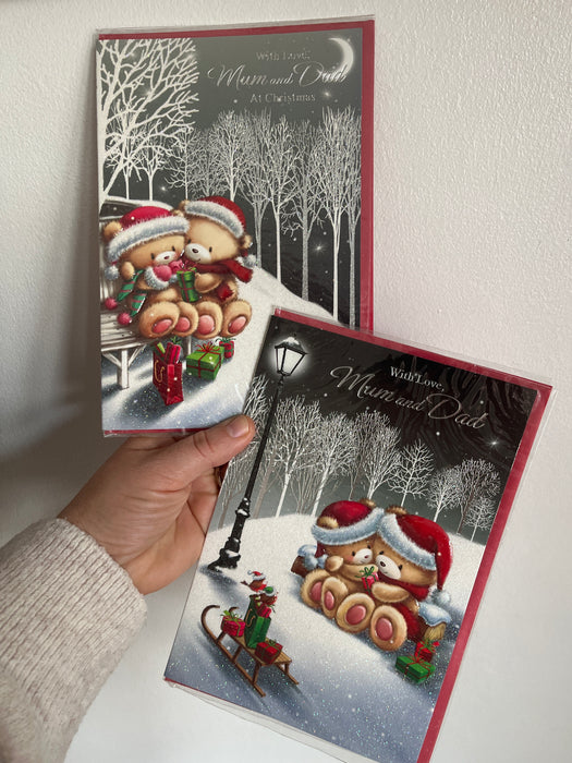 7x5" Christmas Card - Mum and Dad - two bears in midnight snow Image