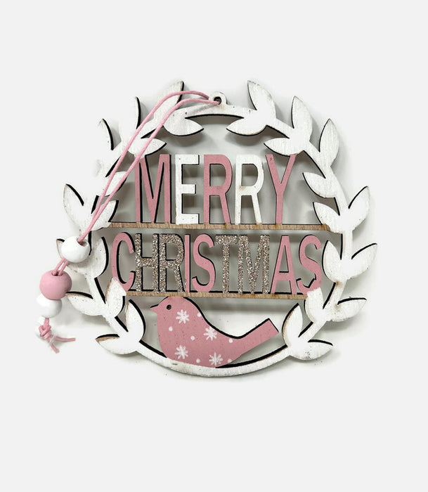 12.5cm Wooden Merry Christmas Tree Hanger - Pink & White