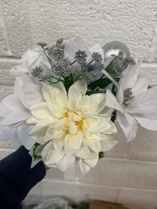 REDUCED Rose, Dahlia + Poinsettia Bauble & Holly Grave Vase Container  - White