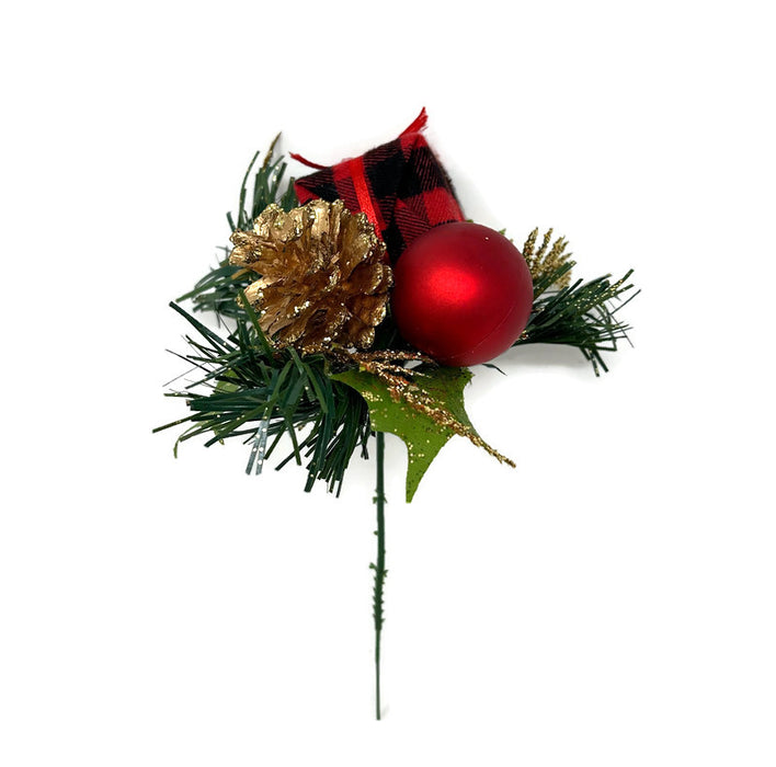 12 Red Bauble, Gold Pinecone & Tartan Gift Box Picks - H20cm