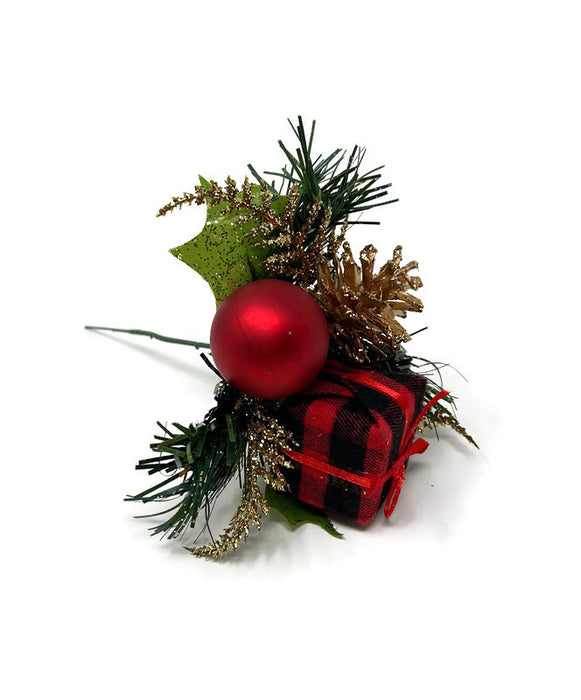12 Red Bauble, Gold Pinecone & Tartan Gift Box Picks - H20cm