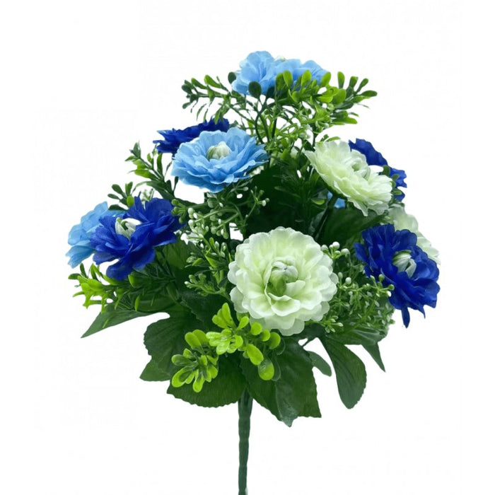 12 Head Scabious Flower Bush x 33cm - Blue & Ivory