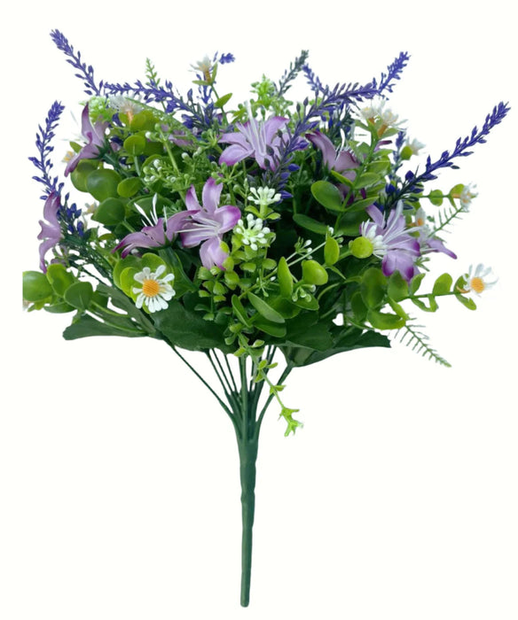13 Head Daisy and Lavender Bush with Mixed Foliage x 36cm - Purple/Fuchsia Mix 