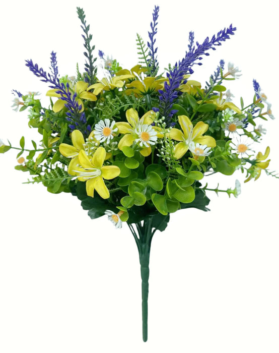 13 Head Daisy and Lavender Bush with Mixed Foliage x 36cm - Purple/Yellow Mix 
