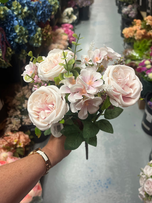 Artificial Mini Garden Rose Bush - baby pink - 37cm long