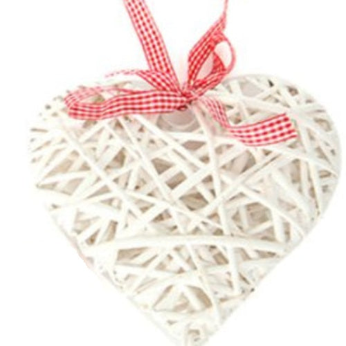15cm White Wicker Heart with Red Gingham Ribbon