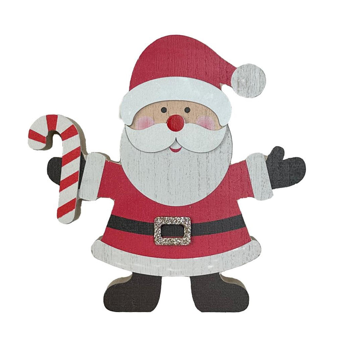 16.5cm Chunky Wooden Santa With Candy Cane