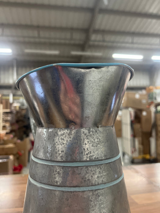 DAMAGED SEE PICTURES Silver Tin Cherish Jug x 25cm - Duck Egg Blue Stripes