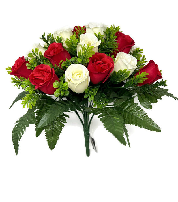 24 Head Red & Cream Rose Bush with Leather Fern x 36cm