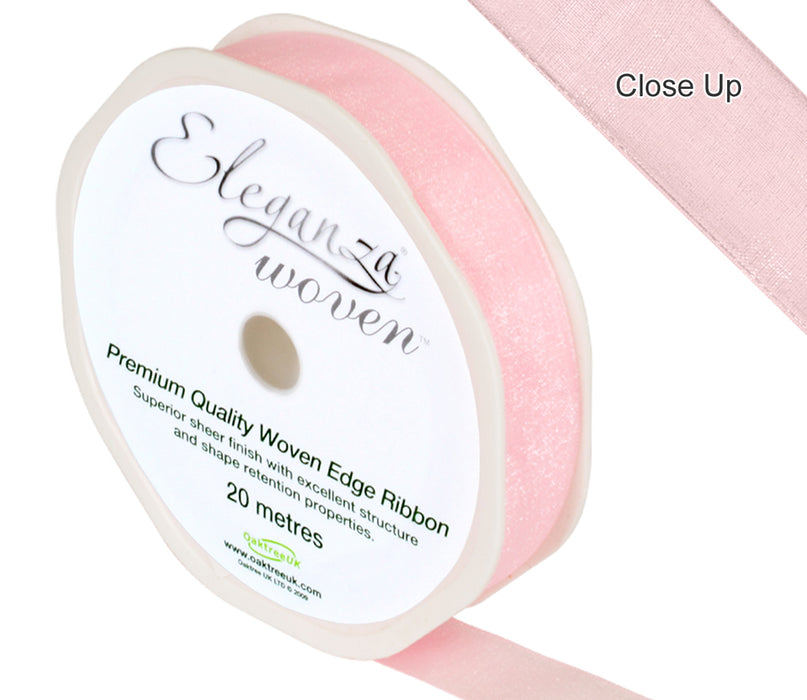 15mm x 20m Woven Edge Sheer Finish Ribbon - Light Pink