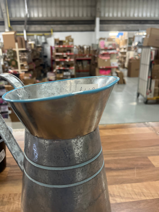 DAMAGED SEE PICTURES Silver Tin Cherish Jug x 25cm - Duck Egg Blue Stripes